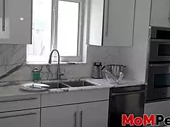 blonde milf kneels sucking stepsons hard cock right in front of clueless husband