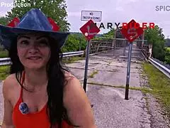 exhibitionist busty milf flashes then gets fucked hard on abandoned bridge outdoors pov