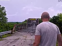 exhibitionist busty milf flashes then gets fucked hard on abandoned bridge outdoors pov