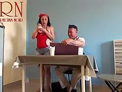 man, naked curvy waitress lets restaurant guest eat pussy from her navel like a horny housewife