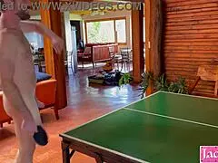 Daddy rips clothes in naked ping pong dare for rough cumshot sex
