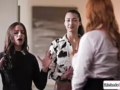 Lesbian Staff DP Fucks Busty Milf Client Strapon Double Penetration!