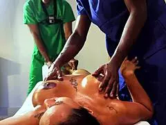 massage turns rough when four hands grope nasty ebony hotwife doggystyle