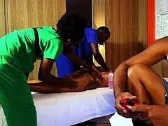 massage turns rough when four hands grope nasty ebony hotwife doggystyle