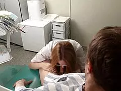man pounds female doctor's ass then blasts cum on her face during blowjob