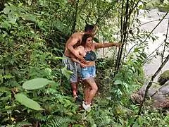 Rioc and Mara caught fucking hard by river in steamy interracial action