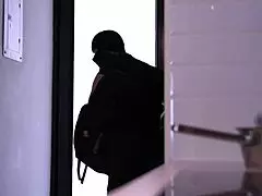 Big-assed brunette surprised by house stranger