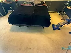 housewife brunette with natural tits vacuums bedroom in stockings before bending over for deep penetration