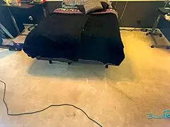 housewife brunette with natural tits vacuums bedroom in stockings before bending over for deep penetration