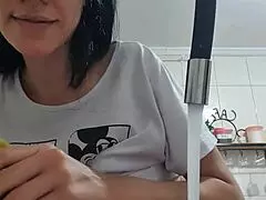 sexy latina maid washes dishes with huge tits out and big ass shaking for monster cock massage