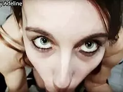 Naughty blonde neighbor adeline kneels for early morning bathroom blowjob and mouthful cum