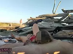 Pussy Flash Stranger Jerks Stepdad Dick on Beach Caught Public