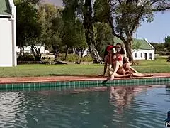 what if these busty lesbian milf models stripped bikinis for poolside pussy play?