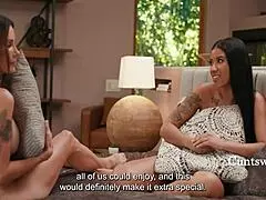 Girls let's make stepmom's birthday wild with this hot foursome pussy scissoring action