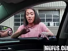 Stranded horny Asian teen Aria Skye craves oil-spanked pounding by huge cock