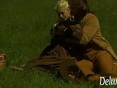 good looking cowboy pounds smoking hot blonde teen's shaved pussy outdoors