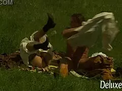 good looking cowboy pounds smoking hot blonde teen's shaved pussy outdoors