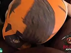 Brazilian milf carves BBC jack o'lantern Halloween ass fuck gaping toys