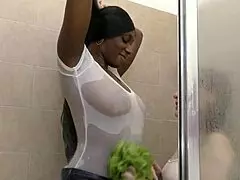 Interracial ebony milf big tits shower kissing wet messy french couple petite ass jeans 😍💦