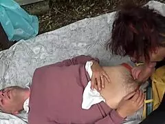 a busty mature over 50 gets outdoor facial after pussy licking