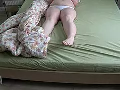 Chubby wife's white panties soak as home cam catches bedtime fingering orgasm