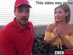 couple invites pizza guy over while hubby watches her get busy