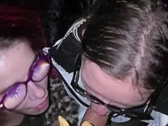 Two sluts deepthroat cock outdoors then swallow cum in garden bliss.