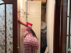 stepmom bends over in pantry for christmas tree decor hunt ending with close up creampie