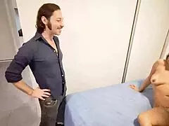 blonde slut offers shaved pussy to two guys pounding her wet at once