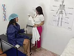 her big-bootied doctor self strips clothes off busty milf patient then licks juicy pussy to orgasm in hospital bed