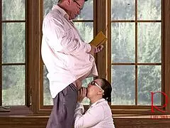 Regina noir slurps boss dick by office window cum blasts her face!