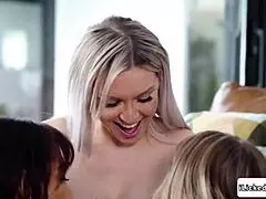 bold milf shoves her massive tits into lesbian bff's hungry mouth for intense sucking session