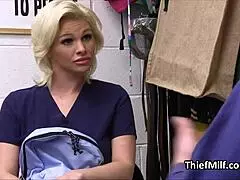 caught stealing pills? busty nurse bends for security cock in office