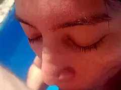 Mmm, sucking my boyfriend's thick cock poolside at the cabin feels so good