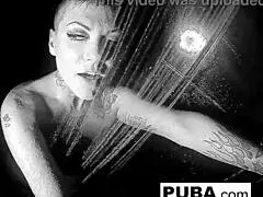 jezebelle the brunette babe soaps up her big tits and pussy in steamy shower