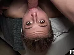 Teen casually strokes that huge throbbing cock