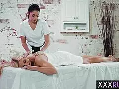 hot housewife sophia west gets her massage turning into lesbian fingering fun