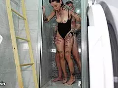 guy rams stepmom's mouth pussy ass roughly in shower