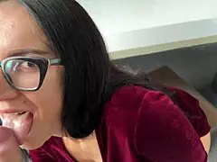 pretty brunette wife in glasses and miniskirt waits by window for office quickie fuck from husband