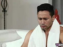 stepson rams slender shemale stepmom's tight asshole bareback, her small tits bouncing wildly in anger-fueled anal.