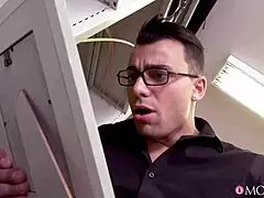 A nervous employee gets caught by his squirting milf boss in the office garage. She punishes him with bent over doggystyle and face sitting.