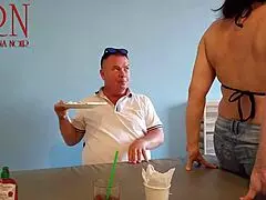 hey neighbor, watch this naked curvy waitress serve pussy from her navel