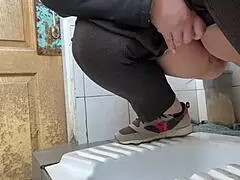 Mature milf sneaks hairy pee break in hospital toilet