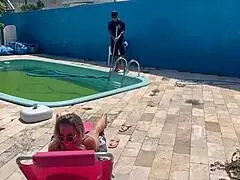 pool boy meets the hot blonde boss by the pool for some private fun