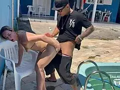 pool boy meets the hot blonde boss by the pool for some private fun