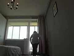 Busty milf rips clothes for hairy pussy striptease close-up holes watched by second cam on plump bbw saggy tits legs