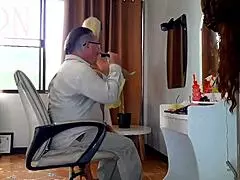 nudist barbershop lady strips apron for shaved pussy tease on security cam client stunned