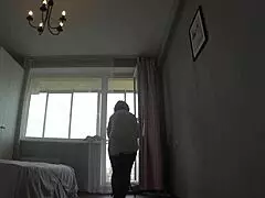 Busty milf rips clothes for hairy pussy striptease close-up holes watched by second cam on plump bbw saggy tits legs