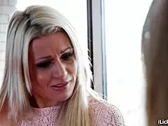 Whoa, big tits lesbian milf fingers shaved pussy of hot blonde wife while they kiss and lick! 👅💦🔥