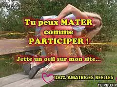 french milf flashes big tits bent over in public garden